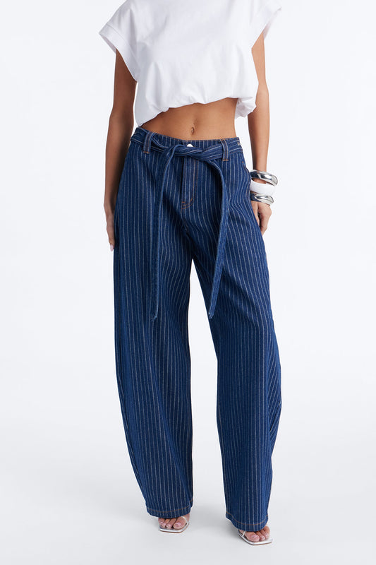 Up The Road Pinstripe Belted Jeans - Dark Wash