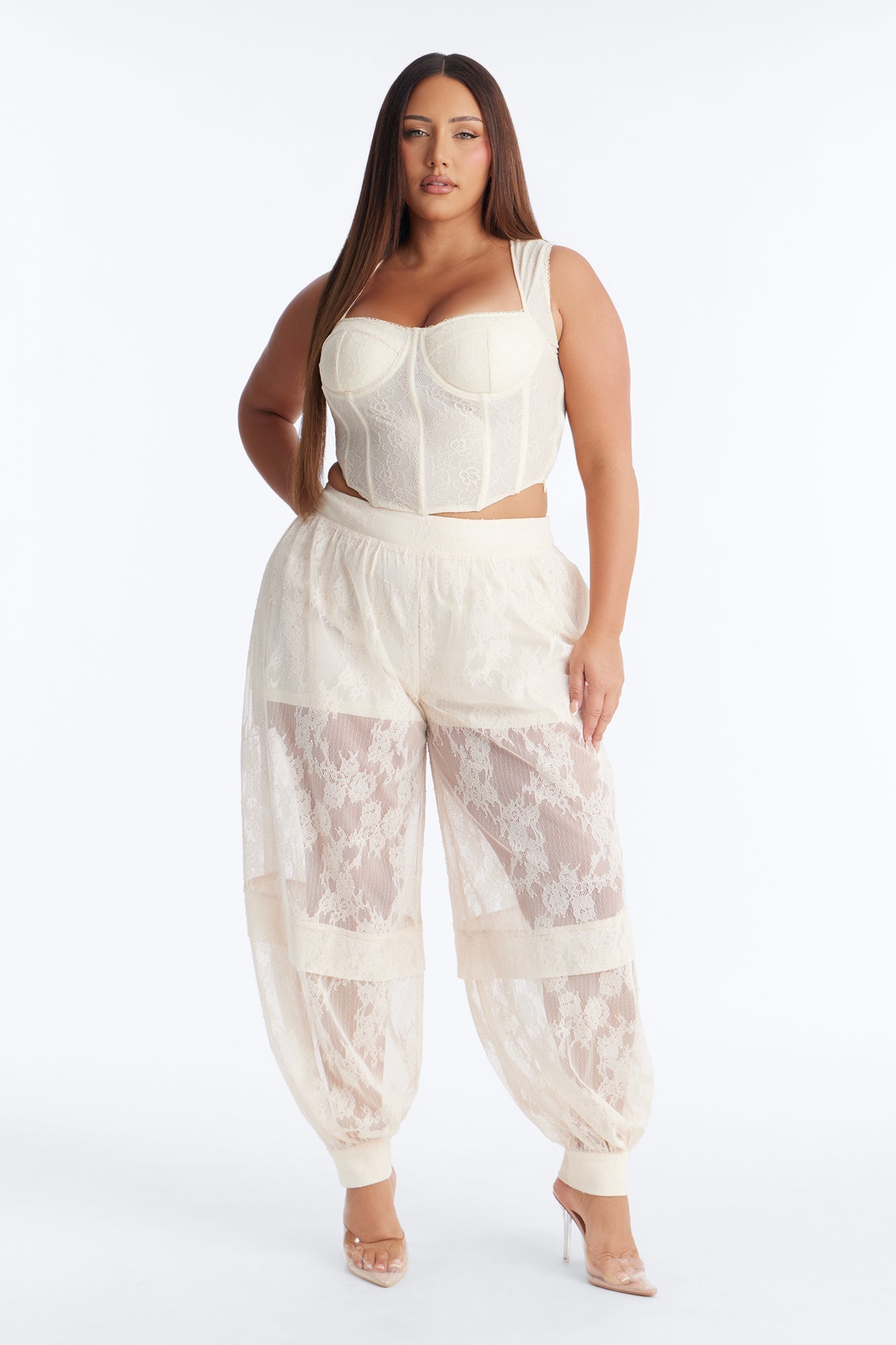 Queen Bee Mid Rise Lacey Jogger Pant - Ivory NEWFASHIONEDGE