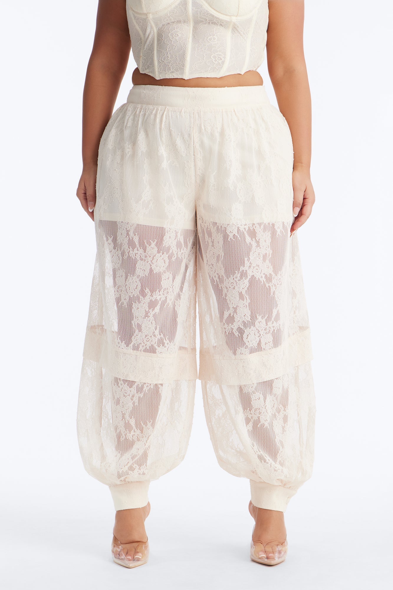 Queen Bee Mid Rise Lacey Jogger Pant - Ivory NEWFASHIONEDGE