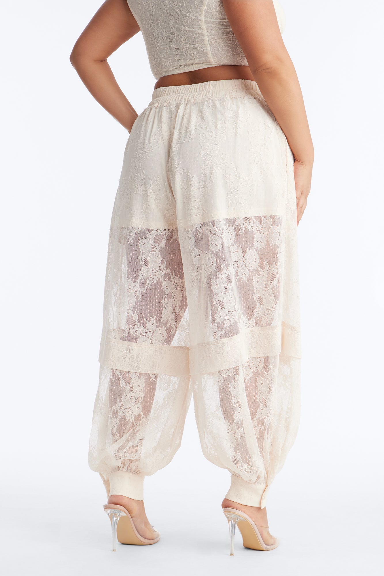 Queen Bee Mid Rise Lacey Jogger Pant - Ivory NEWFASHIONEDGE