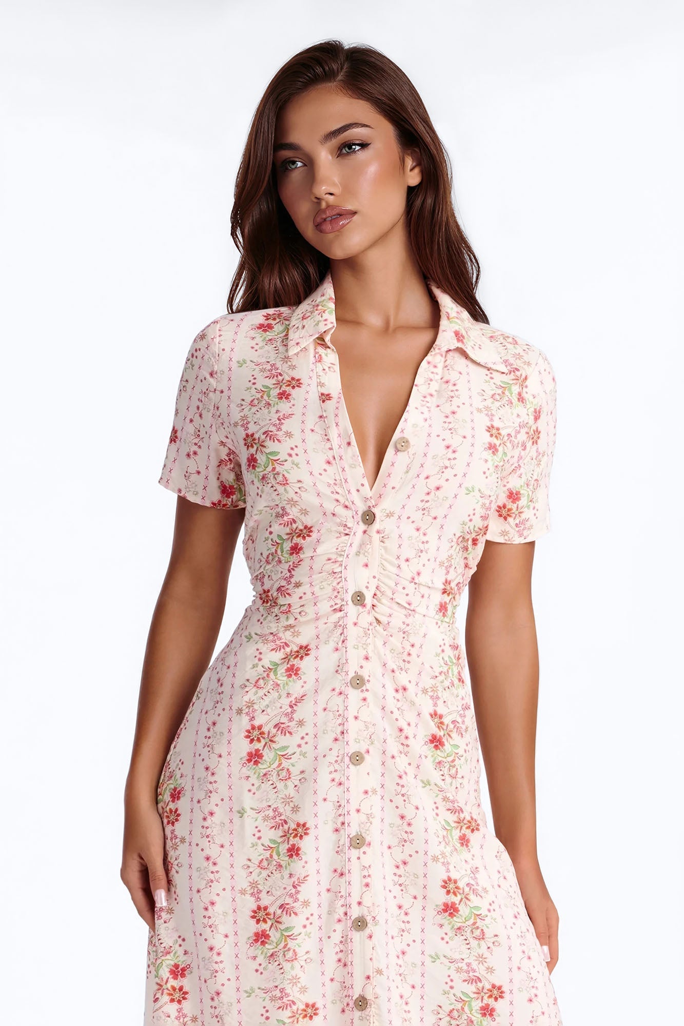 Selene Ruched Floral Midi Shirt Dress - Pink/combo Fashion Nova