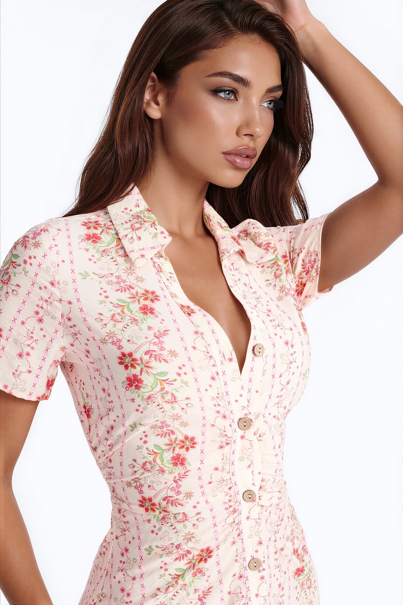 Selene Ruched Floral Midi Shirt Dress - Pink/combo Fashion Nova