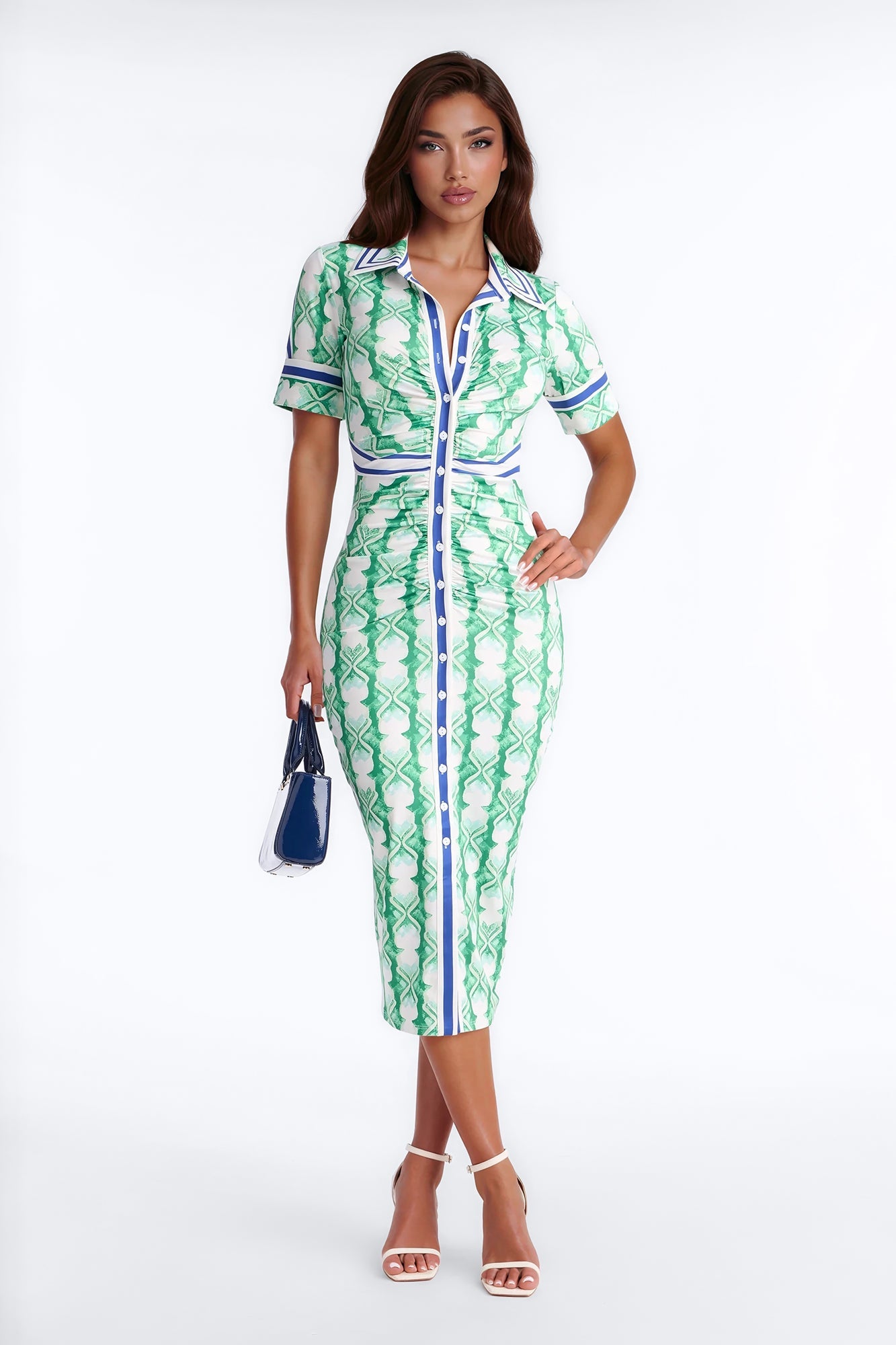 Camila Ruched Printed Midi Dress - Green/combo Fashion Nova