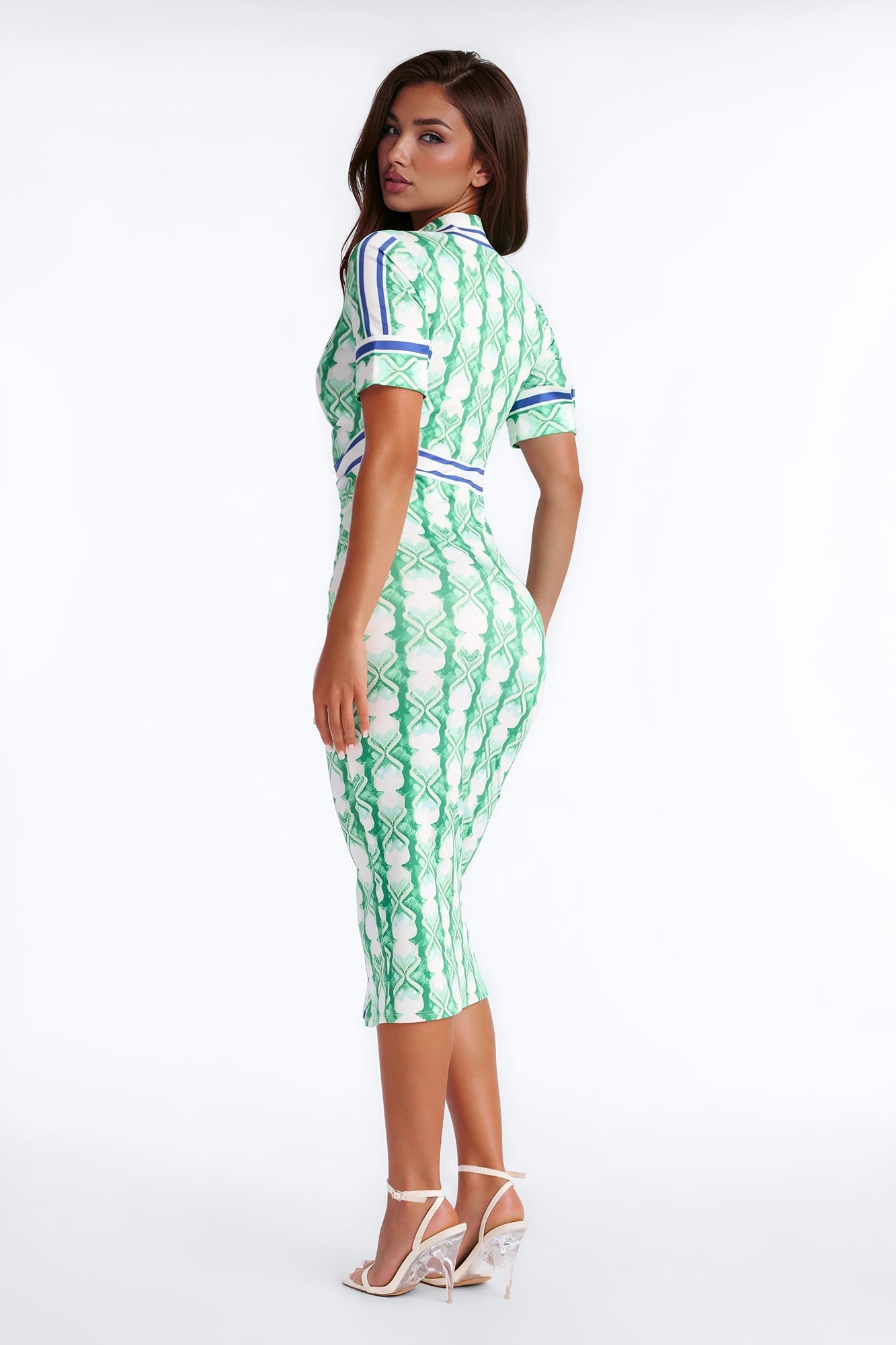Camila Ruched Printed Midi Dress - Green/combo Fashion Nova