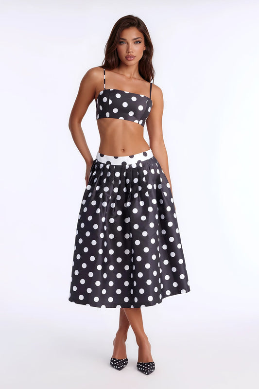 Marielle Pleated Polka Dot Midi Skirt - Black/White