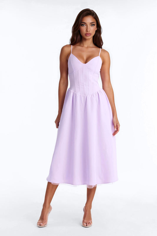 Flora Lace Up Midi Dress - Lavender