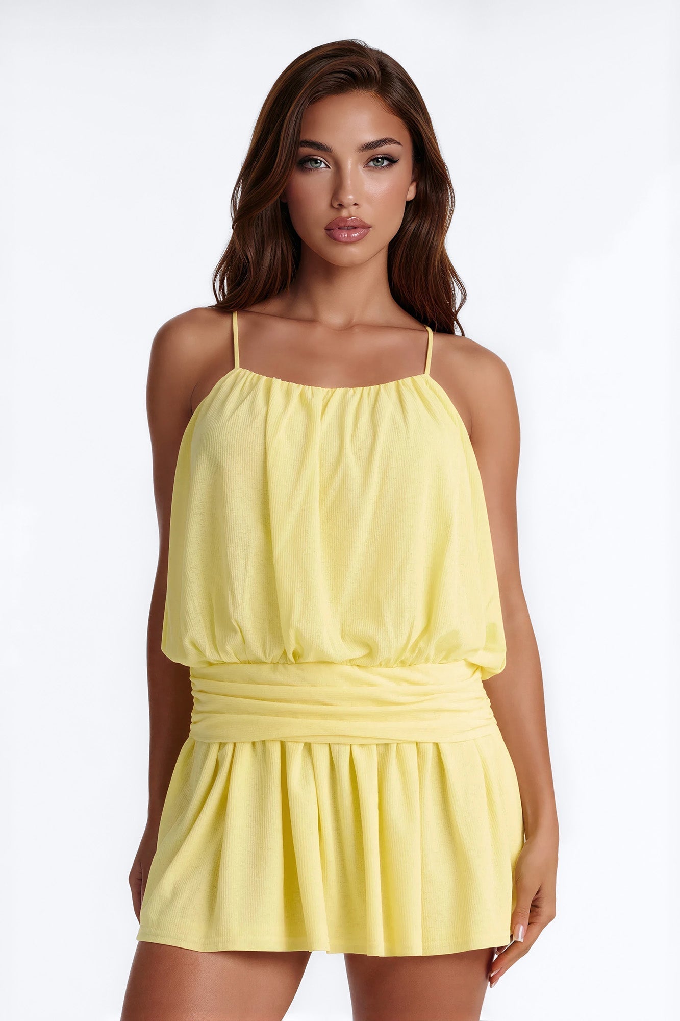 Luna Spaghetti Strap Textured Mini Dress - Yellow NEWFASHIONEDGE