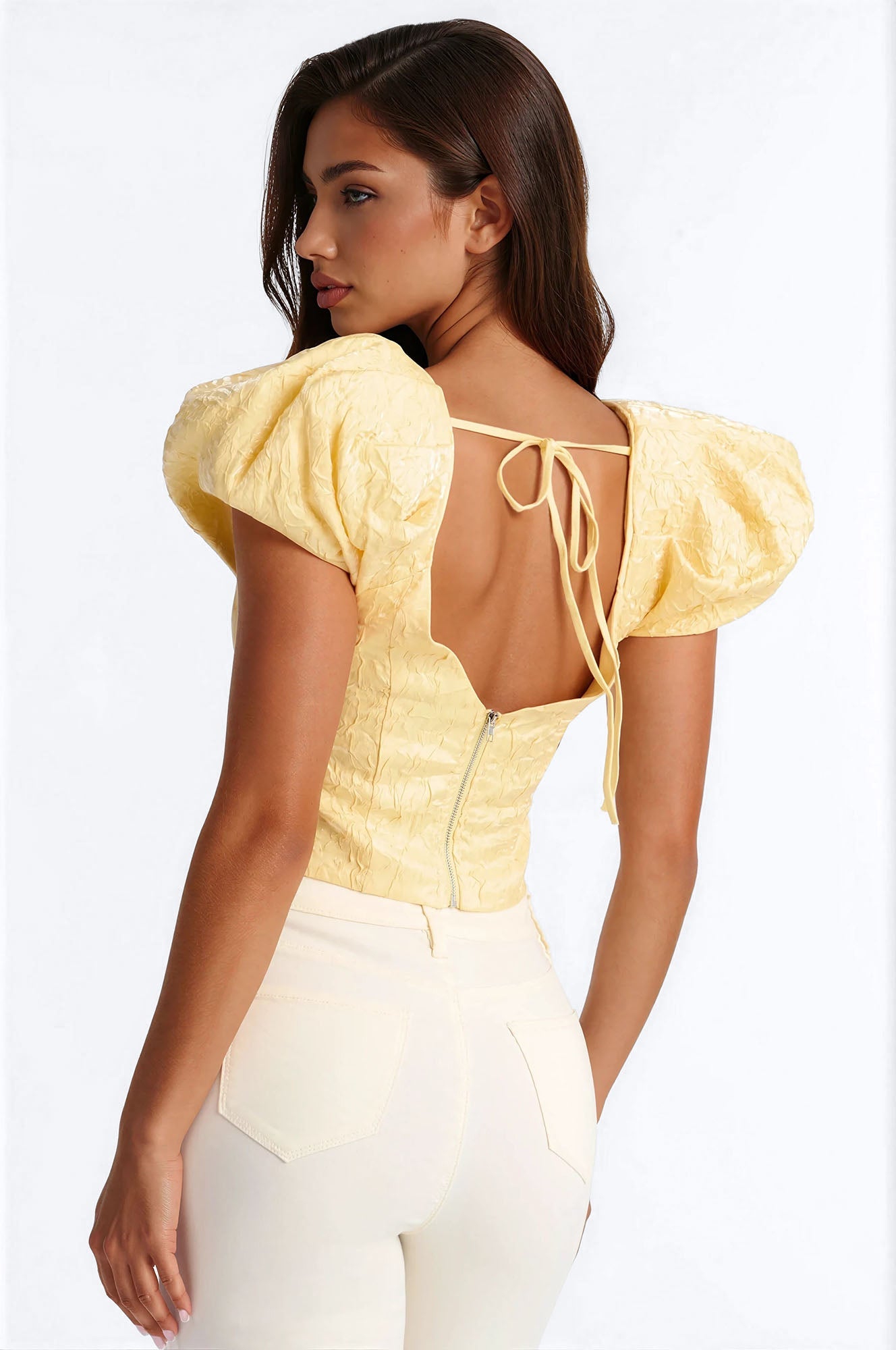 Royal Attitude Puff Sleeve Lace Up Top - Butter Yellow