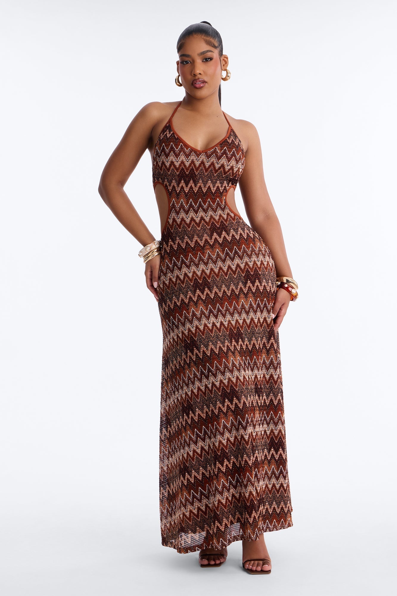 Palm Princess Cut Out Maxi Dress - Brown/combo NEWFASHIONEDGE