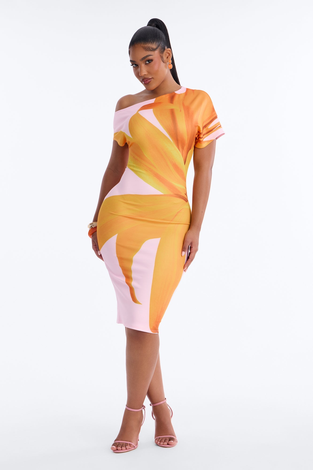 Gardenia One Shoulder Floral Midi Dress - Orange/combo Fashion Nova