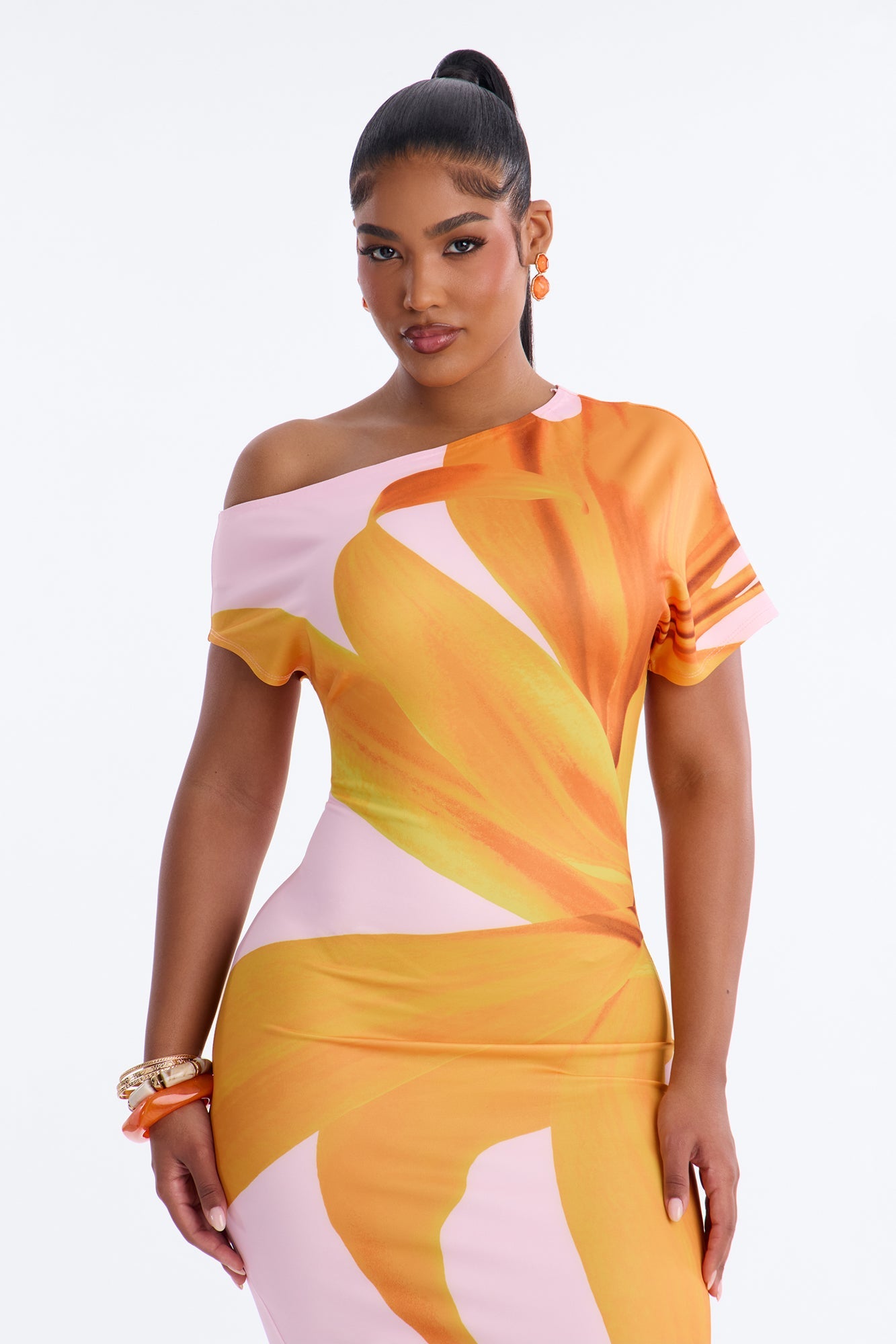 Gardenia One Shoulder Floral Midi Dress - Orange/combo Fashion Nova
