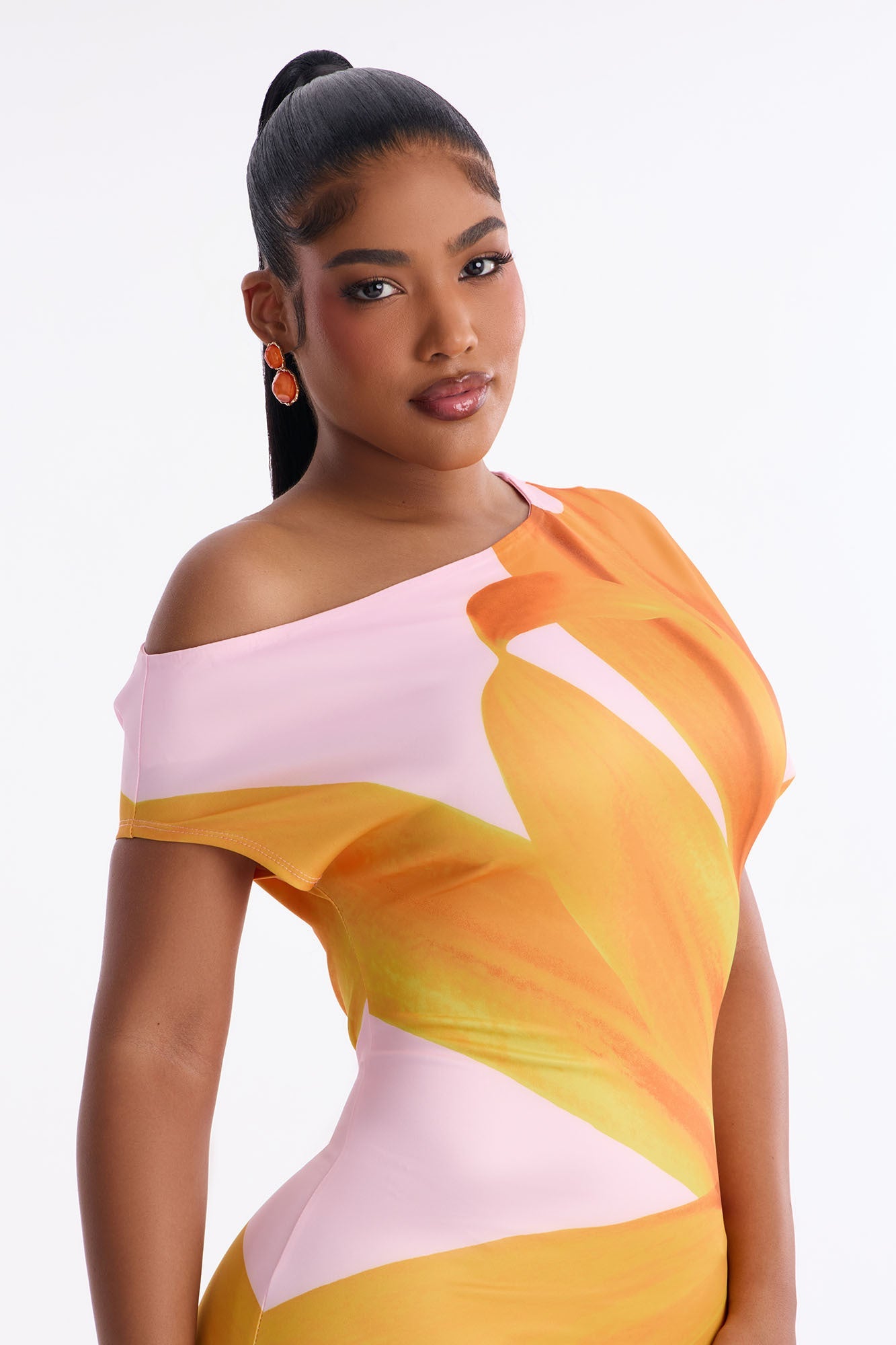 Gardenia One Shoulder Floral Midi Dress - Orange/combo Fashion Nova