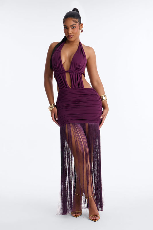 Yvette Backless Fringe Maxi Dress - Plum Fashion Nova