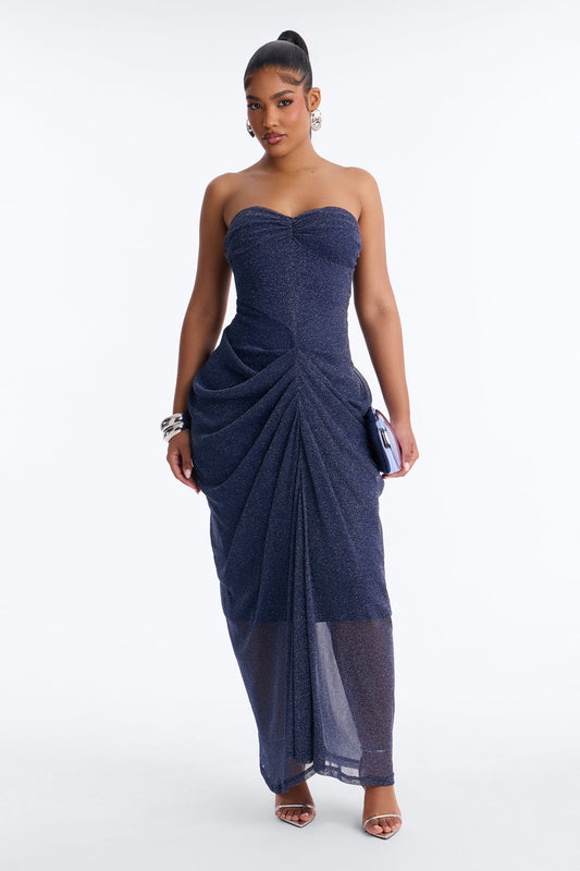 Be My Guest Draped Metallic Gown - Navy NEWFASHIONEDGE