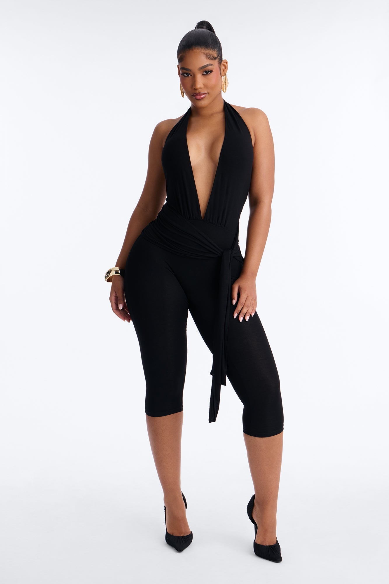 Karla Plunge Capri Catsuit - Black NEWFASHIONEDGE