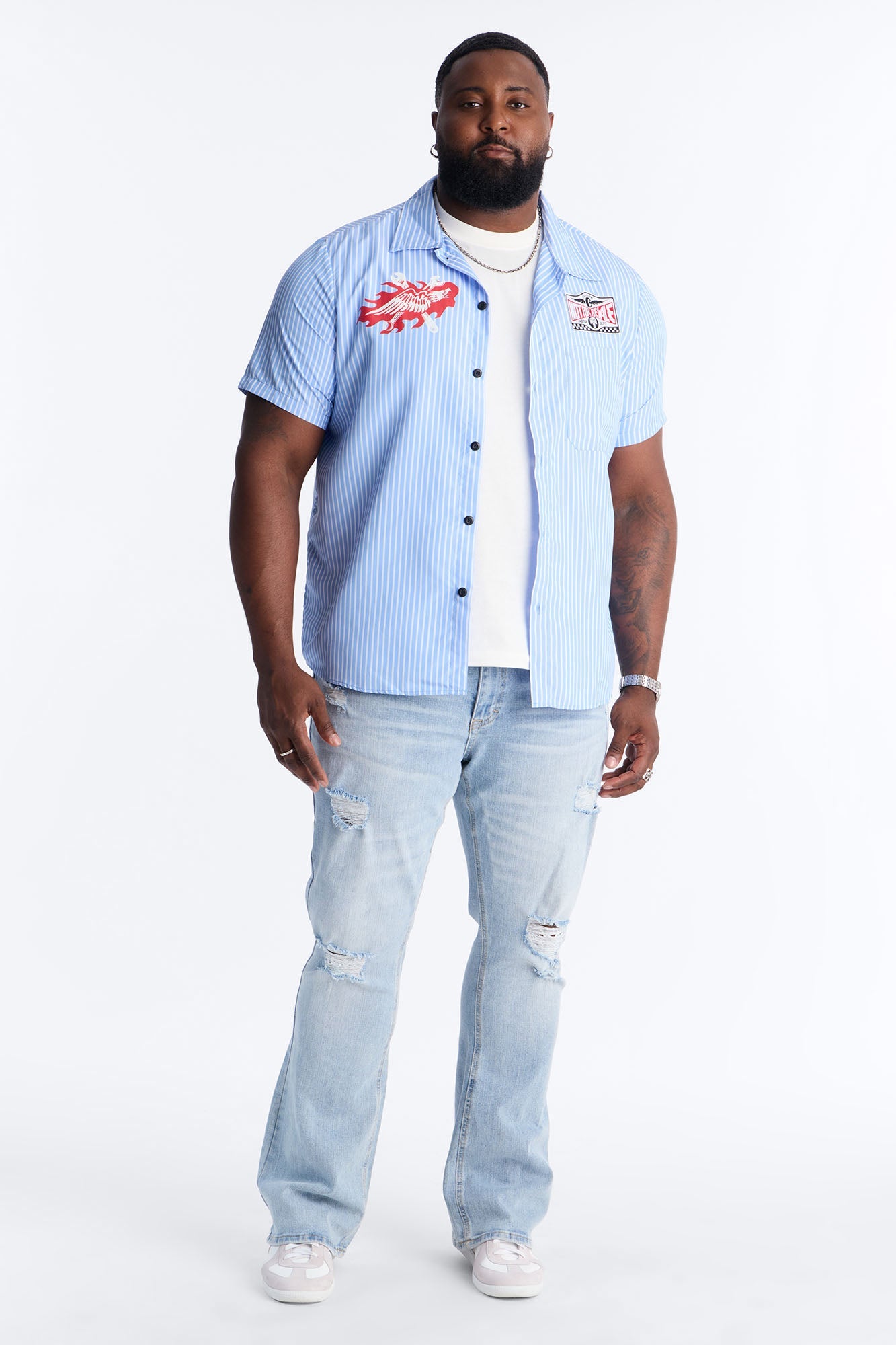 Essential Destroyed Stacked Skinny Flare Stretch Jean - Light Blue Wash