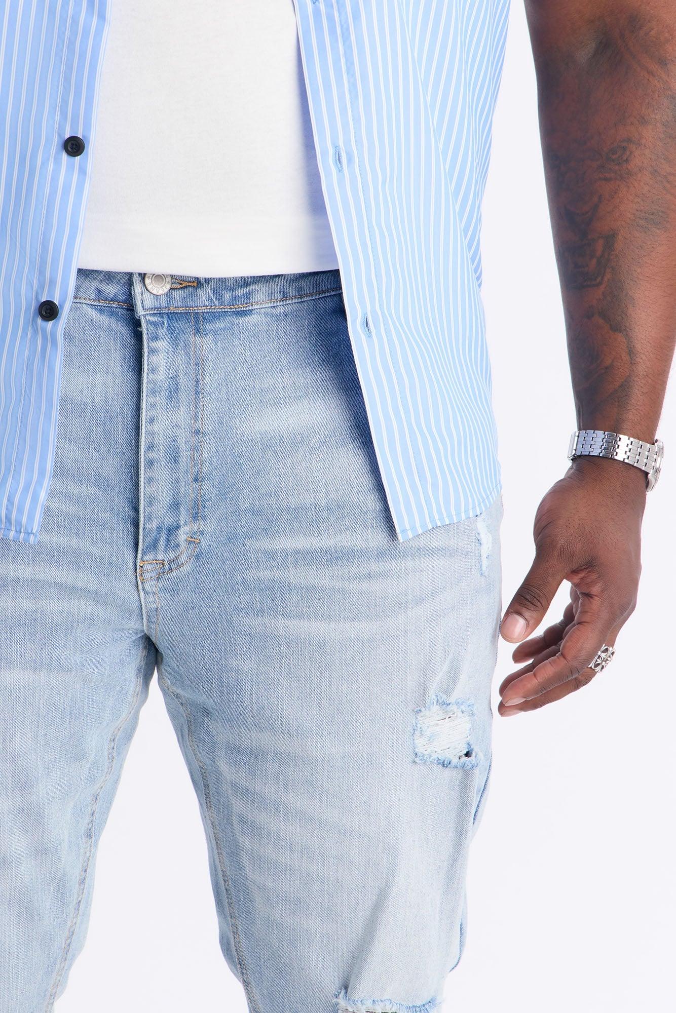 Essential Destroyed Stacked Skinny Flare Stretch Jean - Light Blue Wash