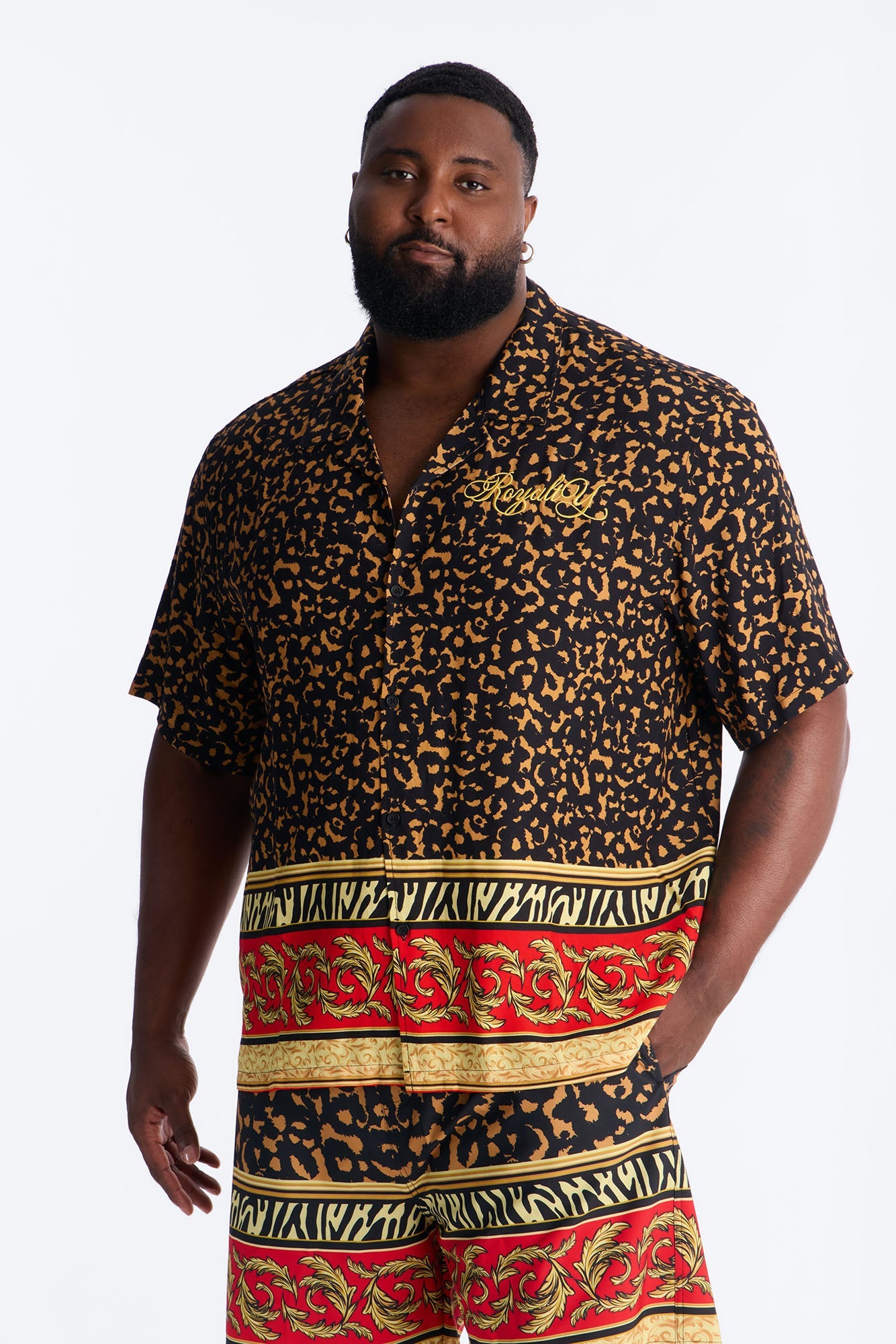 Animal Instincts Paneled Cuban Collar Short Sleeve Shirt - Leopard