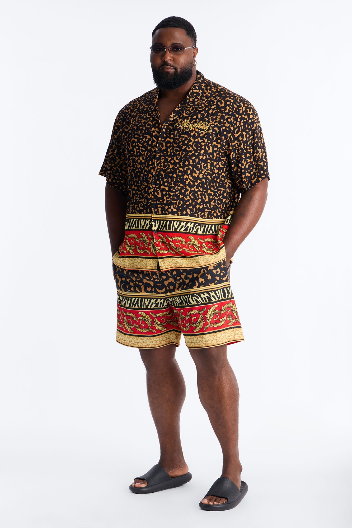 Animal Instincts Paneled Cuban Collar Short Sleeve Shirt - Leopard