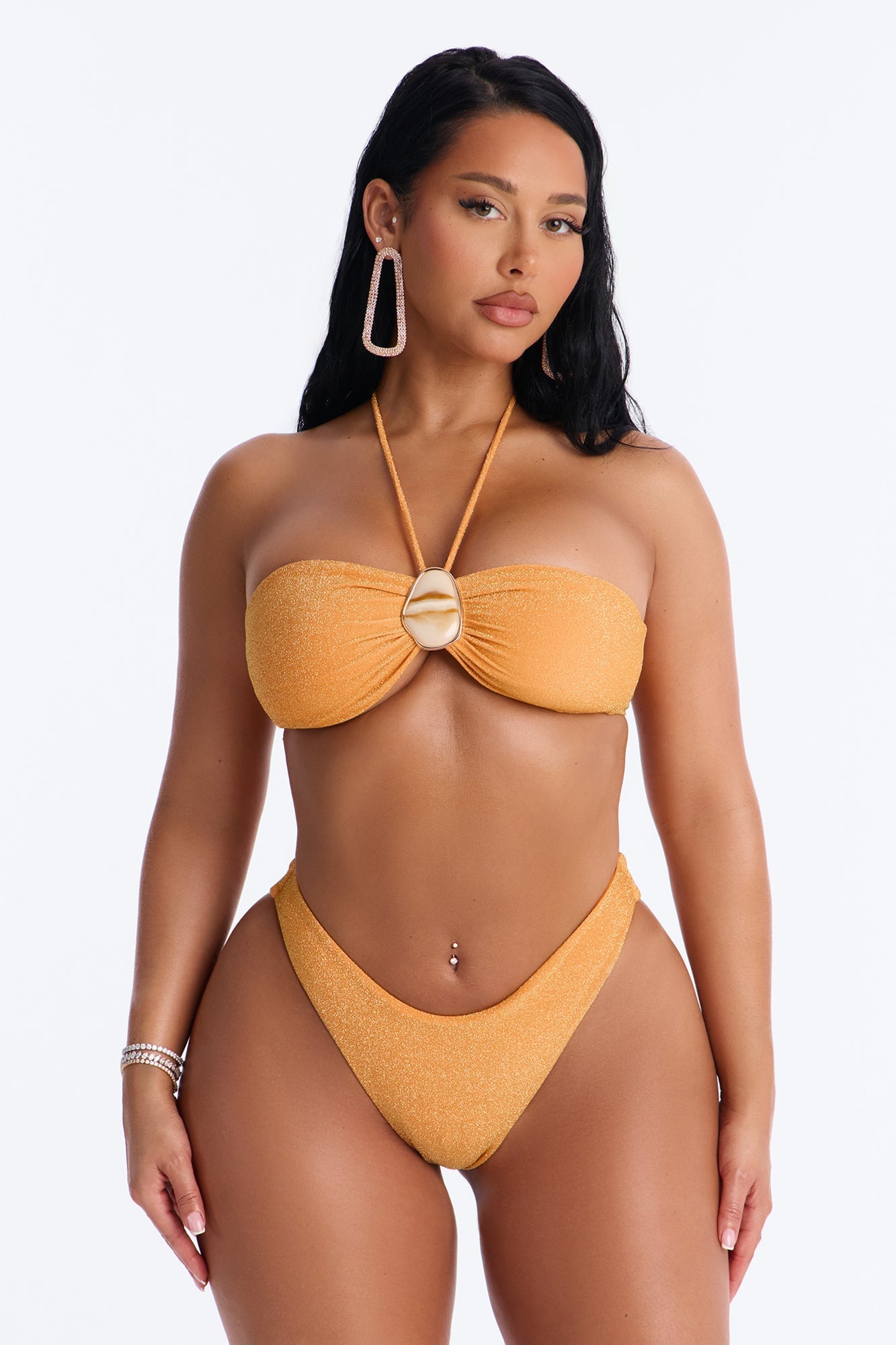 See Me Shimmer Hardware High Slit 3 Piece Bikini Skirt Set - Orange