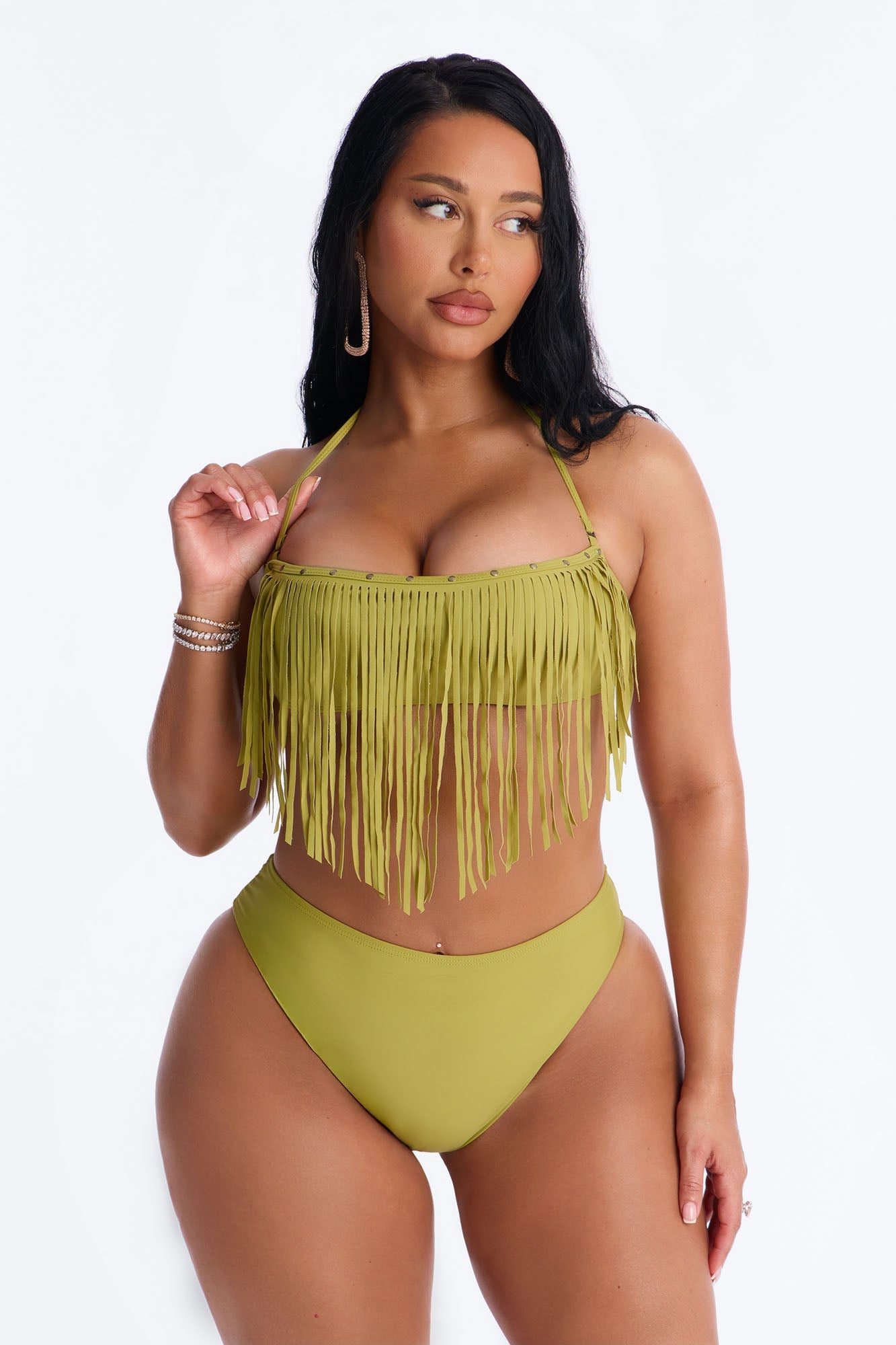 Cabana Cooldown 3 Piece Fringe Bikini Set - Olive Fashion Nova
