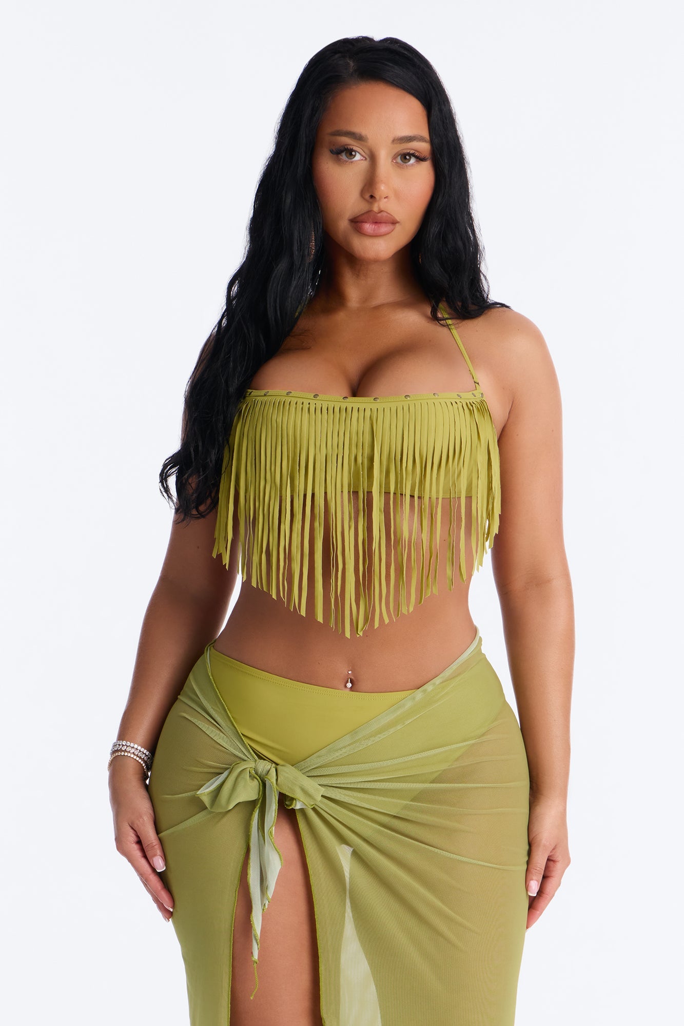 Cabana Cooldown 3 Piece Fringe Bikini Set - Olive Fashion Nova