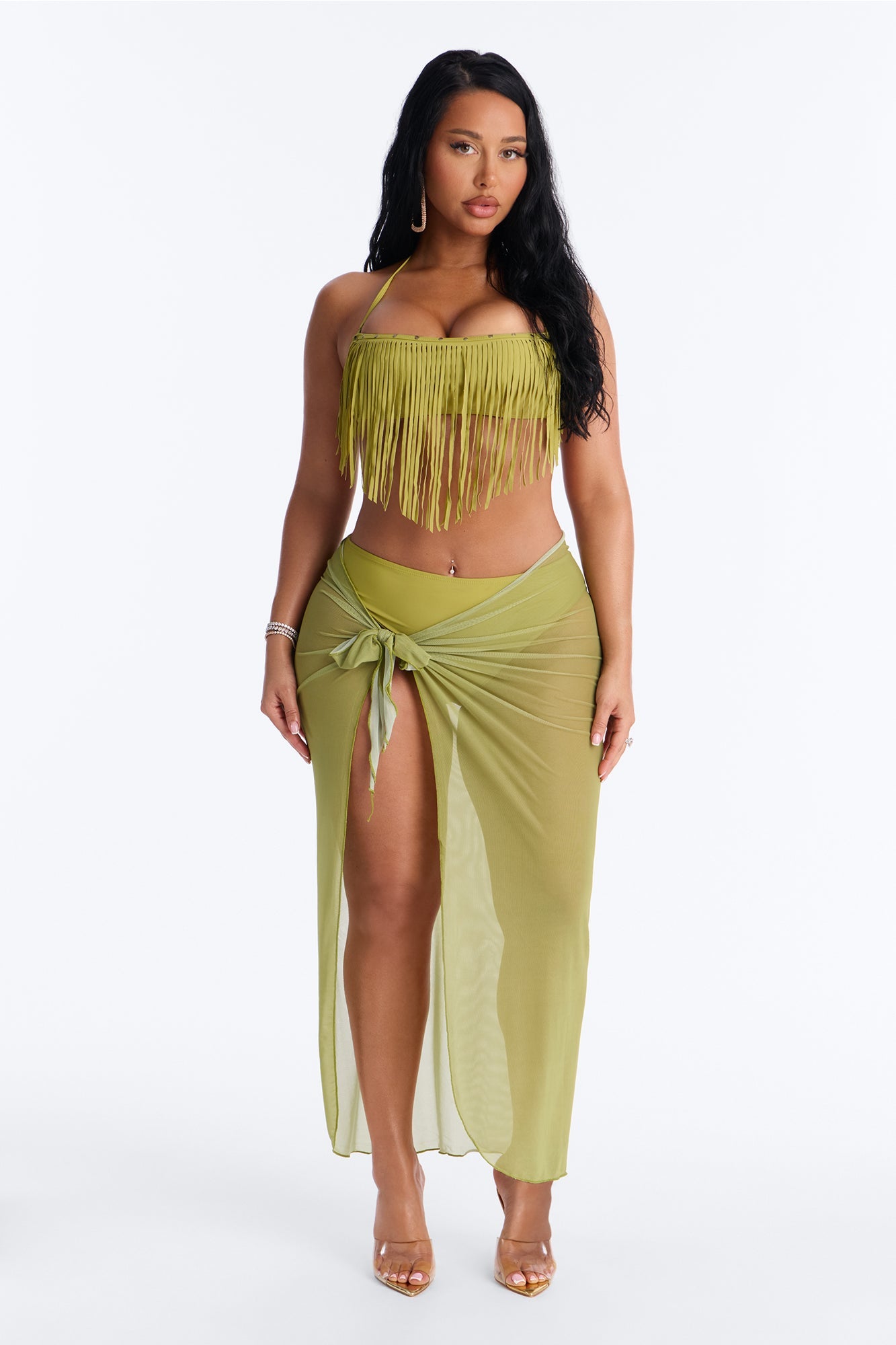 Cabana Cooldown 3 Piece Fringe Bikini Set - Olive Fashion Nova