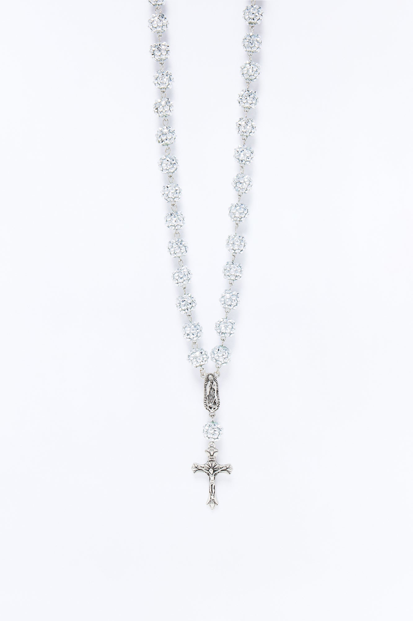 Flash Out Iced Beaded Rosary Chain Necklace - Silver