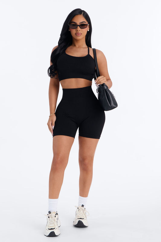 Never Settle Seamless Sports Bra Biker Short Set - Black NEWFASHIONEDGE