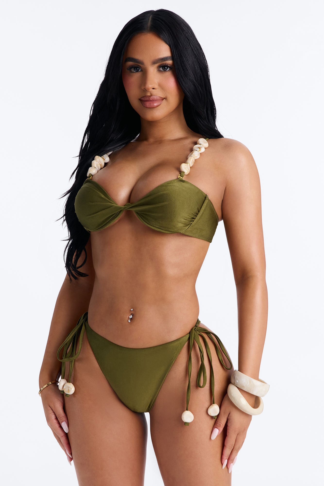 Taryn 2 Piece Beaded Bandeau Bikini Set - Olive NEWFASHIONEDGE