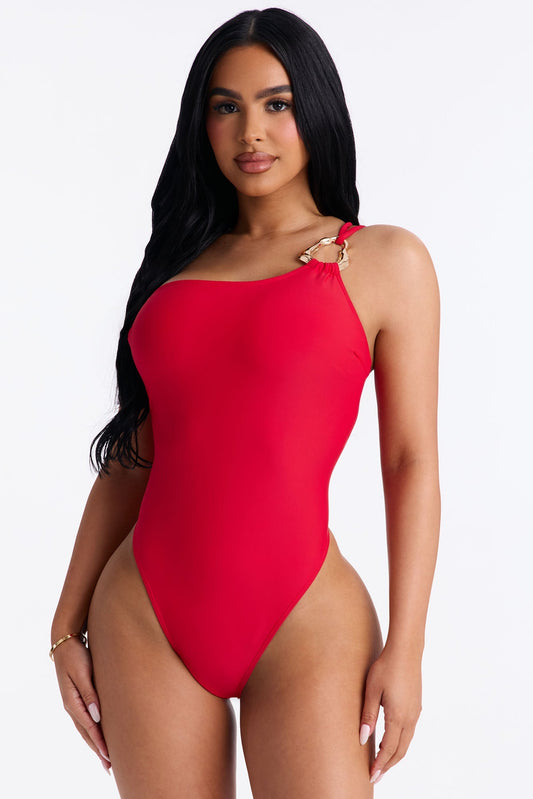 Amira One Shoulder 1 Piece Swimsuit - Red NEWFASHIONEDGE
