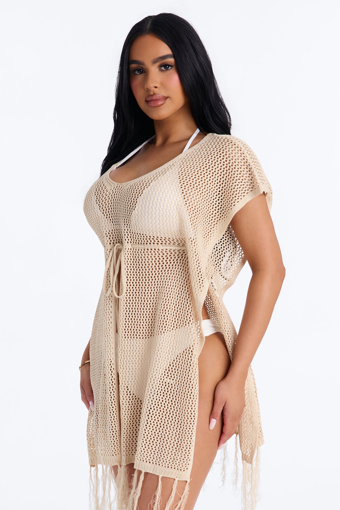 Umbrella In My Cup Tassel Trim Crochet Swim Cover Up Dress - Tan Fashion Nova