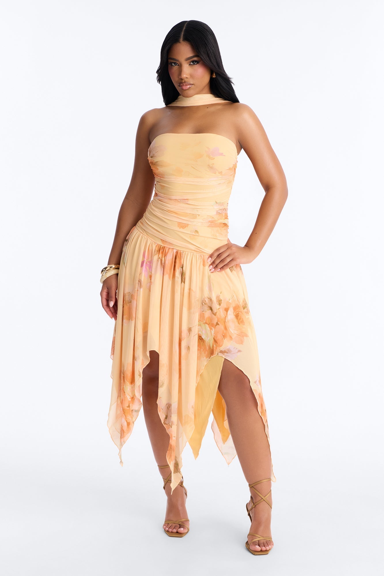 Delaney Floral Mesh Midi Dress - Orange NEWFASHIONEDGE