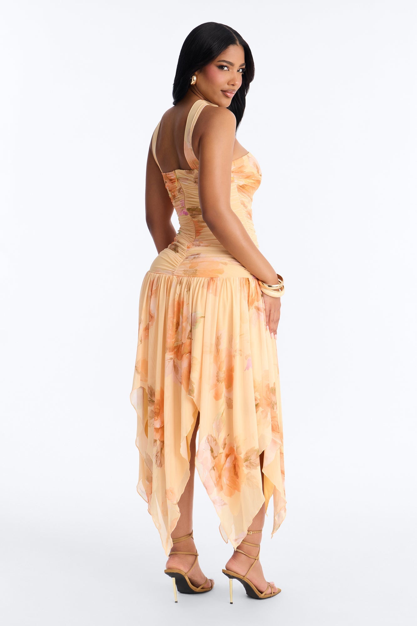Delaney Floral Mesh Midi Dress - Orange