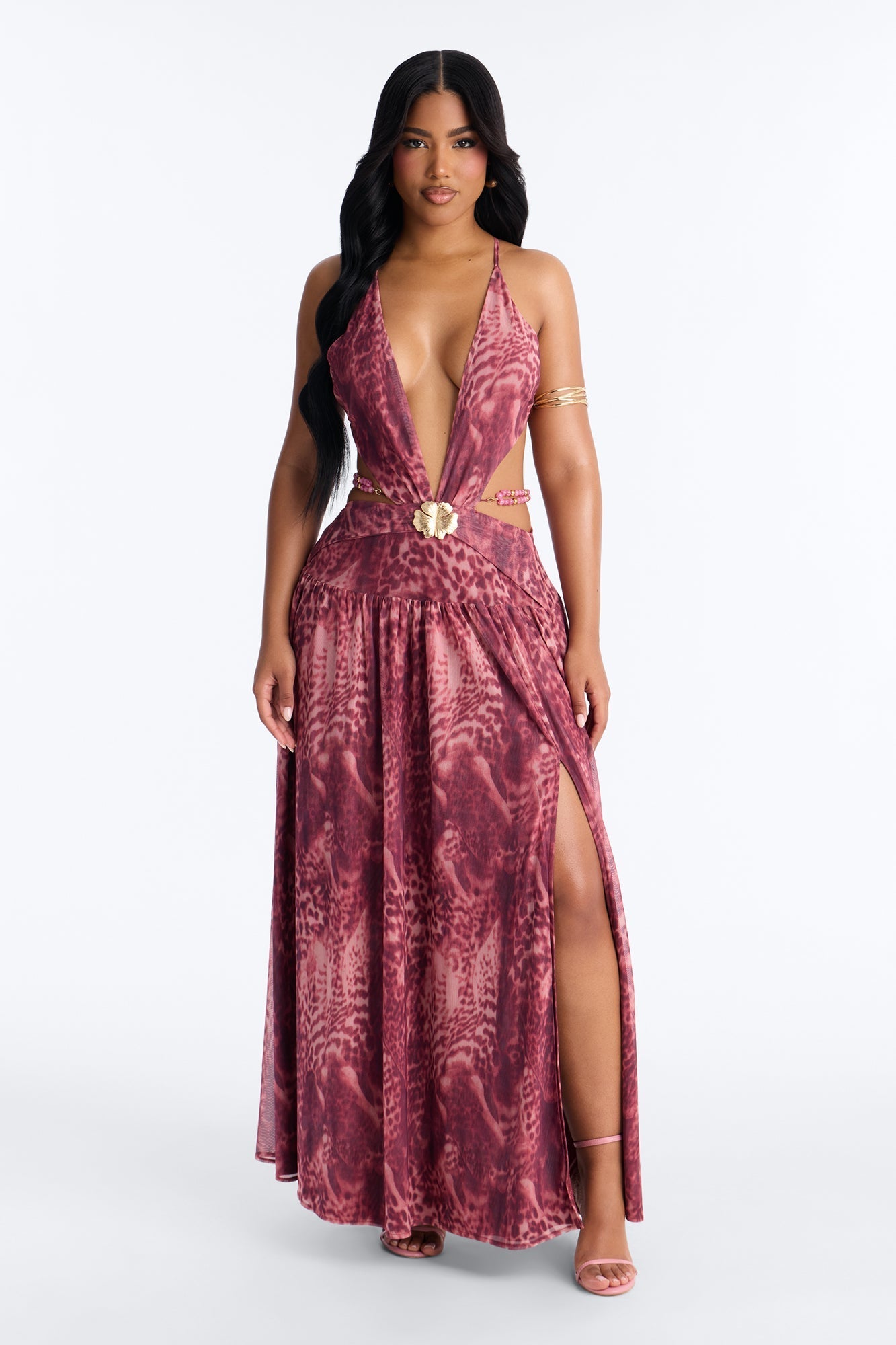 Corinna Cut Out Beaded Mesh Maxi Dress - Pink/combo NEWFASHIONEDGE