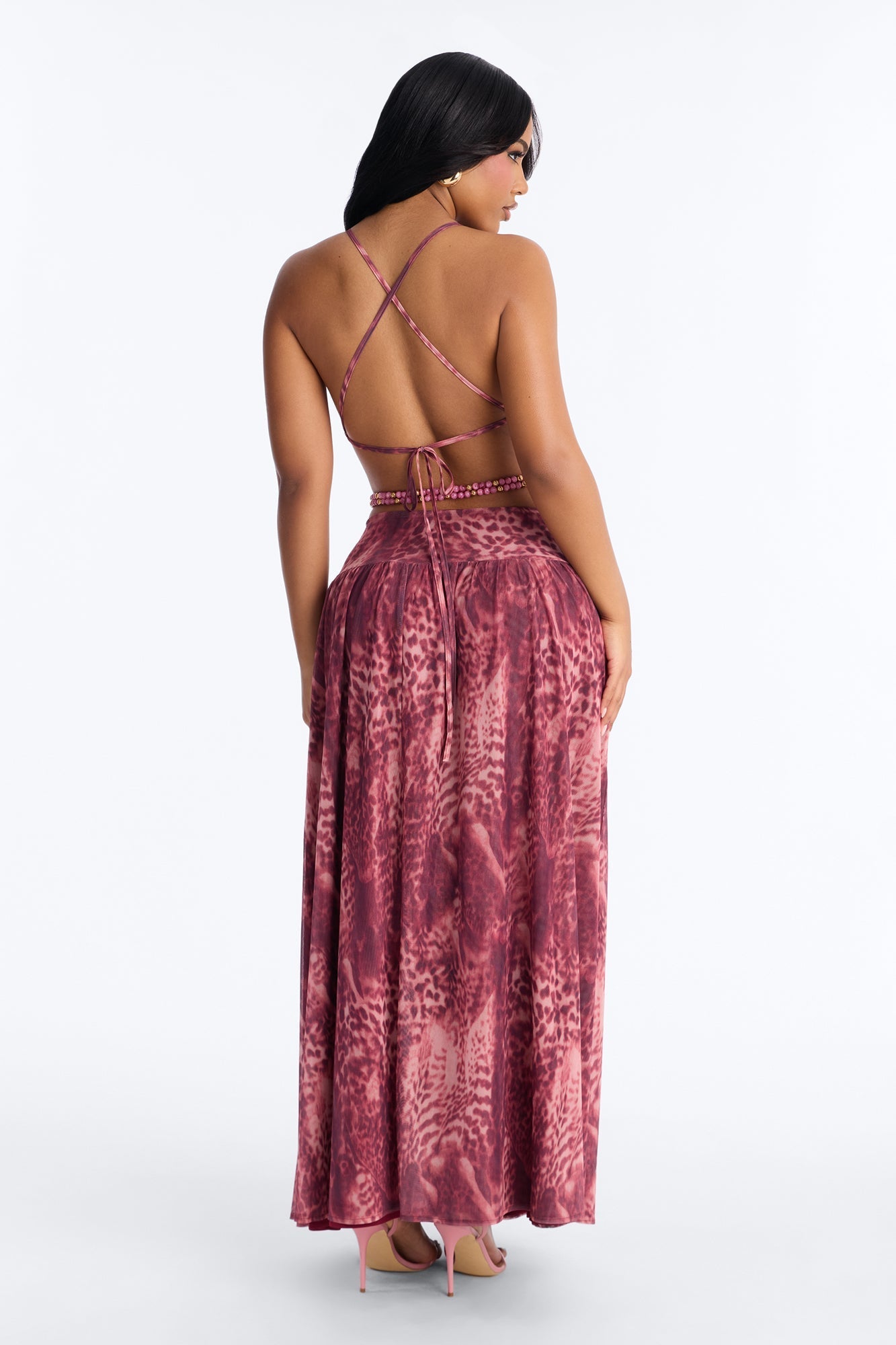 Corinna Cut Out Beaded Mesh Maxi Dress - Pink/combo NEWFASHIONEDGE