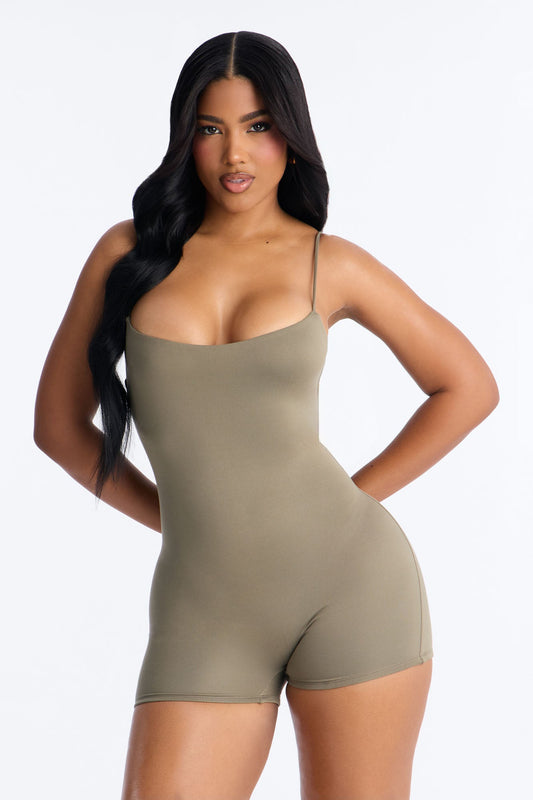 Full Form Double Layer Biker Short Romper - Olive
