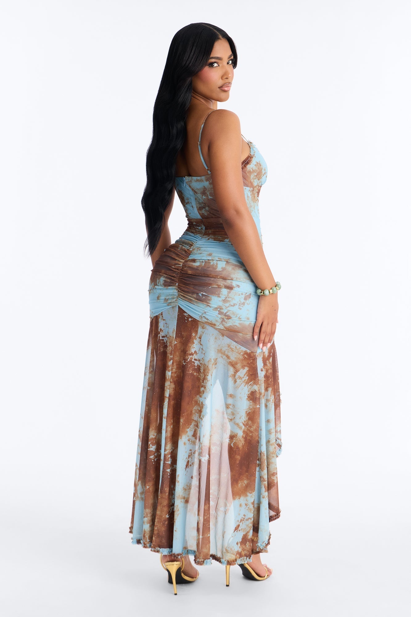 So Stunning Ruched Mesh Maxi Dress - Blue/combo NEWFASHIONEDGE