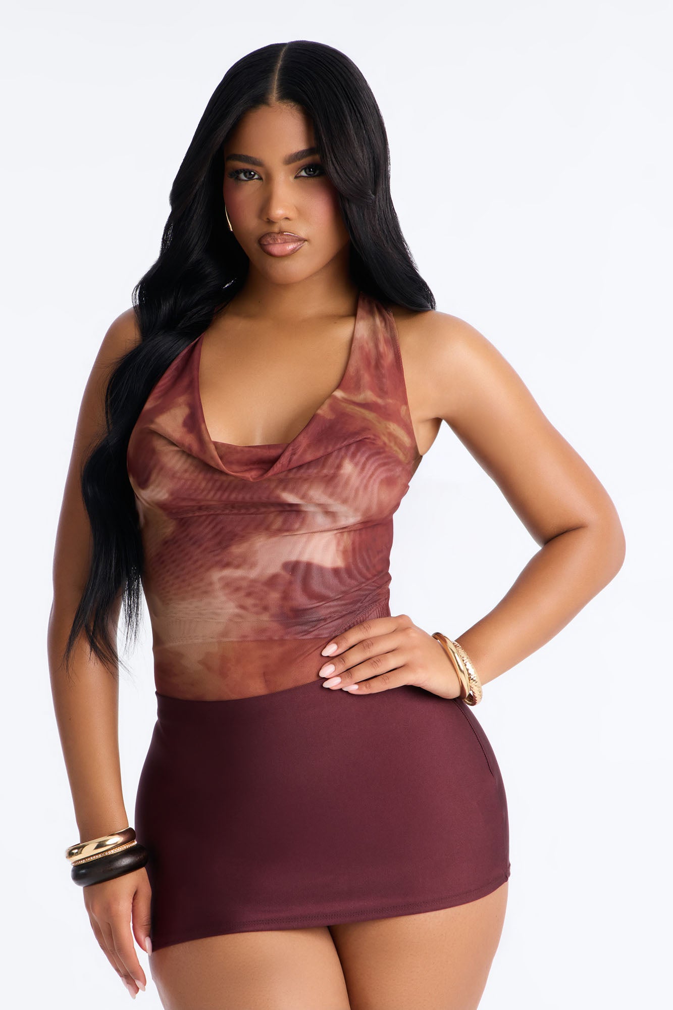 Bronze Babe Mesh Cowl Neck Hardware Bodysuit - Brown/combo