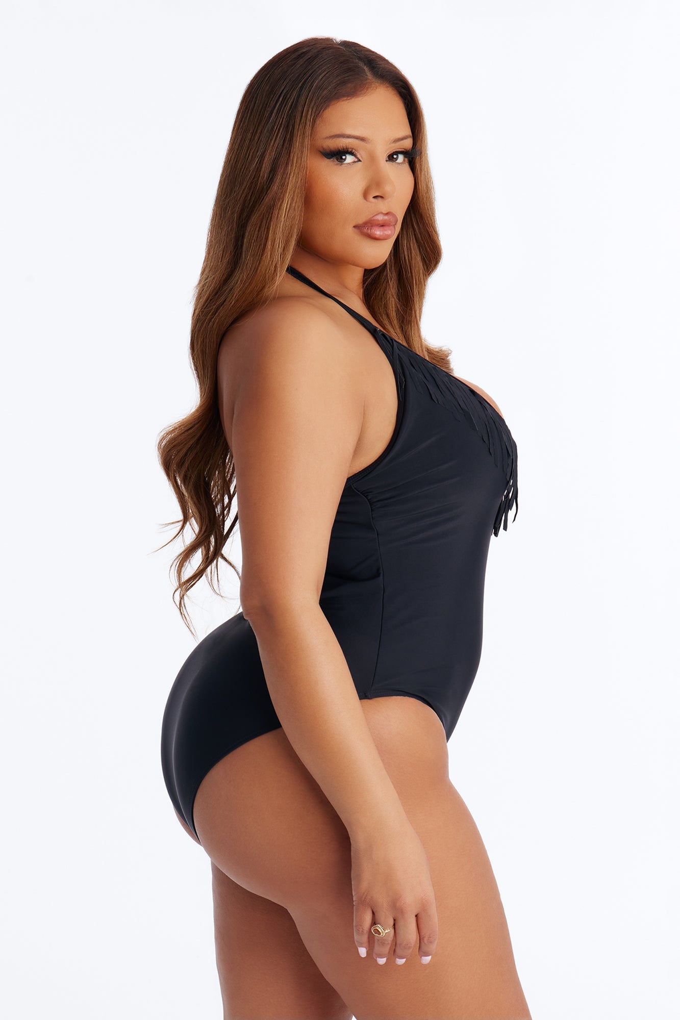 Offshore Crush 1 Piece Fringe Swimsuit - Black Fashion Nova