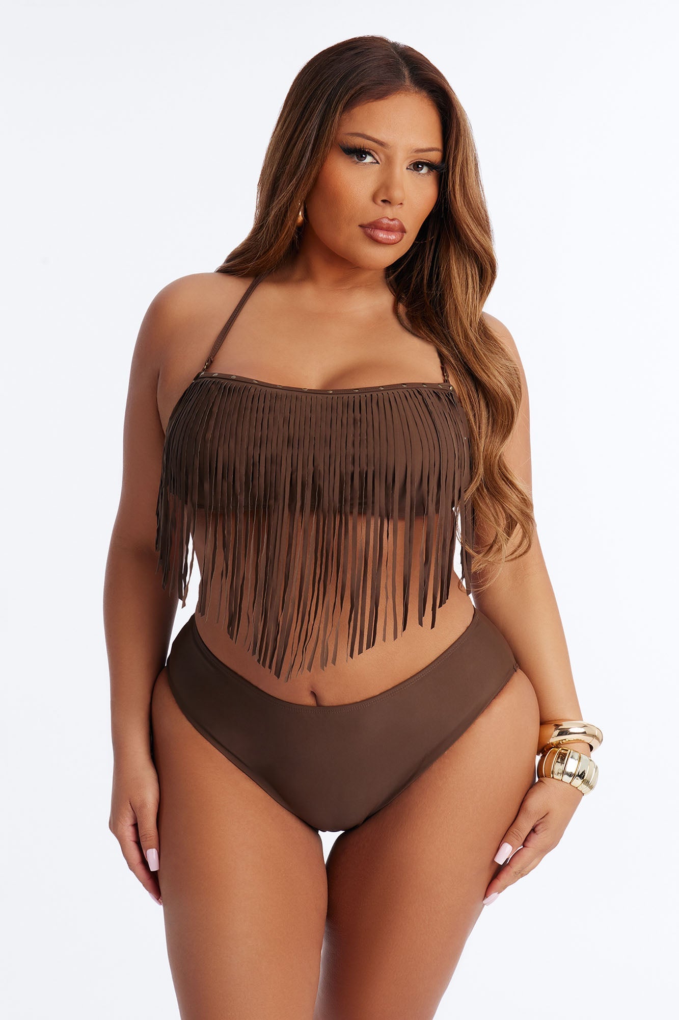 Sunkissed Mischief 3 Piece Fringe Bikini Set - Brown Fashion Nova