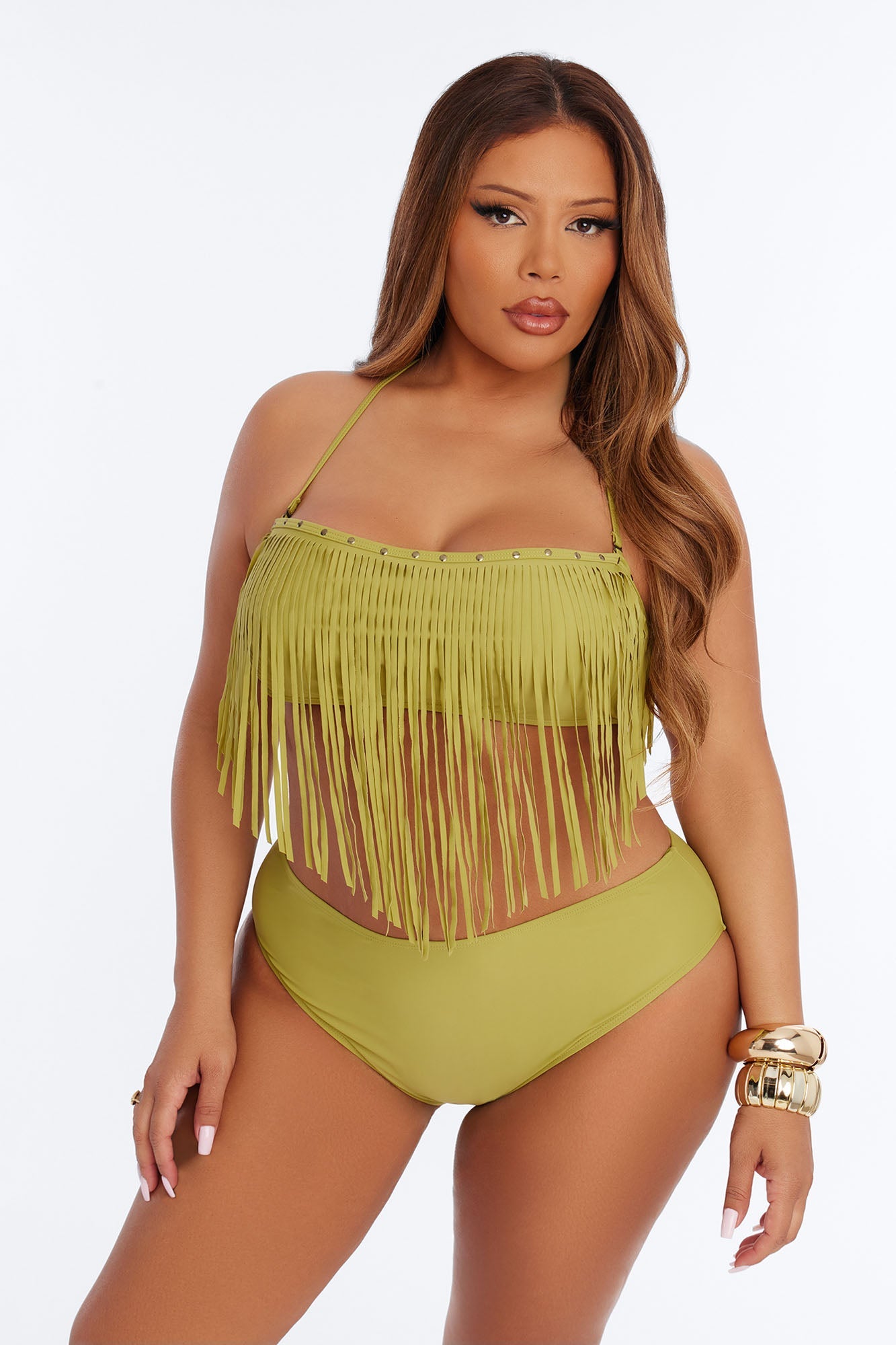 Cabana Cooldown 3 Piece Fringe Bikini Set - Olive Fashion Nova