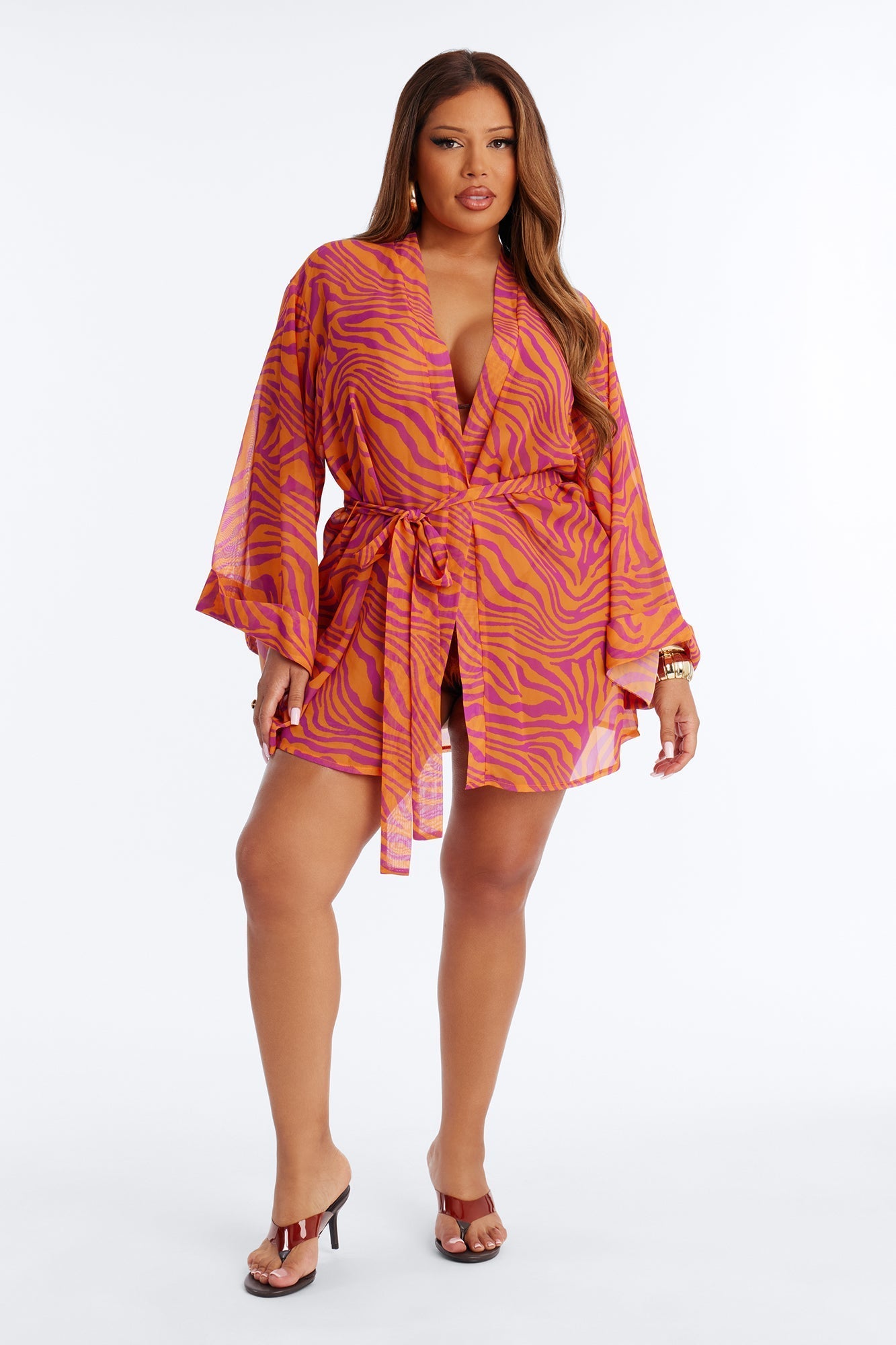 Nothing But A Stripe Waist Tie Swim Cover Up Kimono - Pink/combo NEWFASHIONEDGE