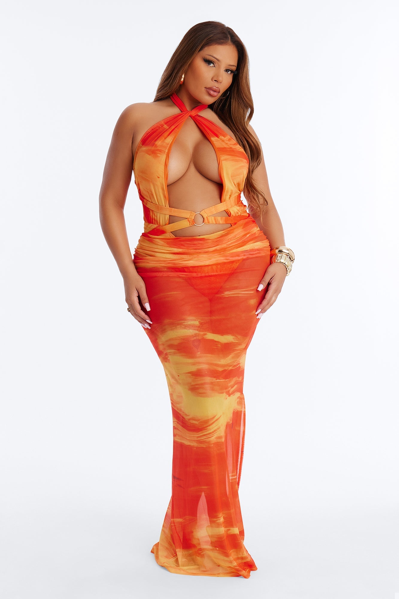 Sunset Swim 1 Piece Swimsuit & Skirt - Orange/combo Fashion Nova