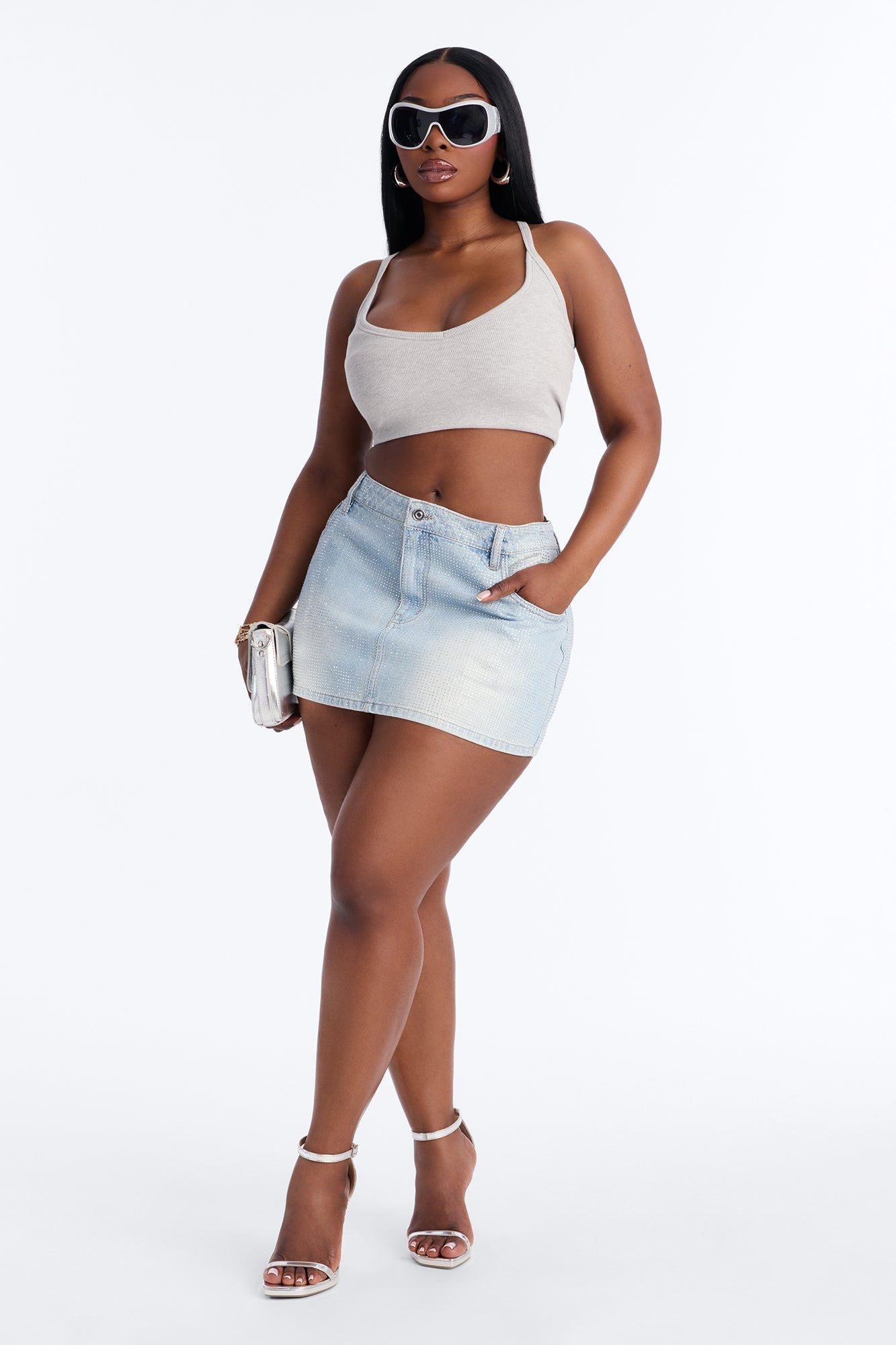 Shine Bright Sequin Denim Micro Mini Skirt - Light Wash NEWFASHIONEDGE
