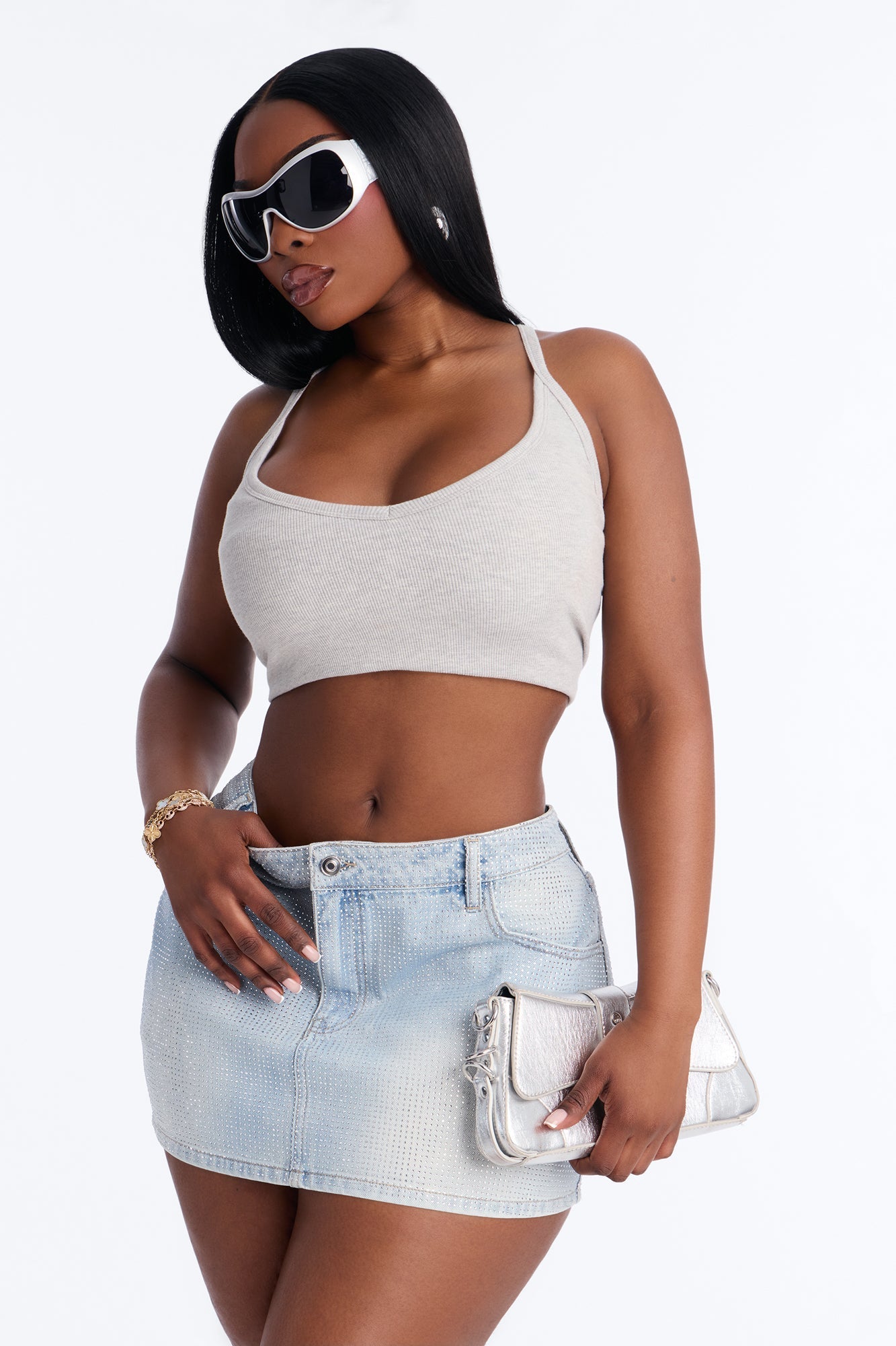 Shine Bright Sequin Denim Micro Mini Skirt - Light Wash NEWFASHIONEDGE