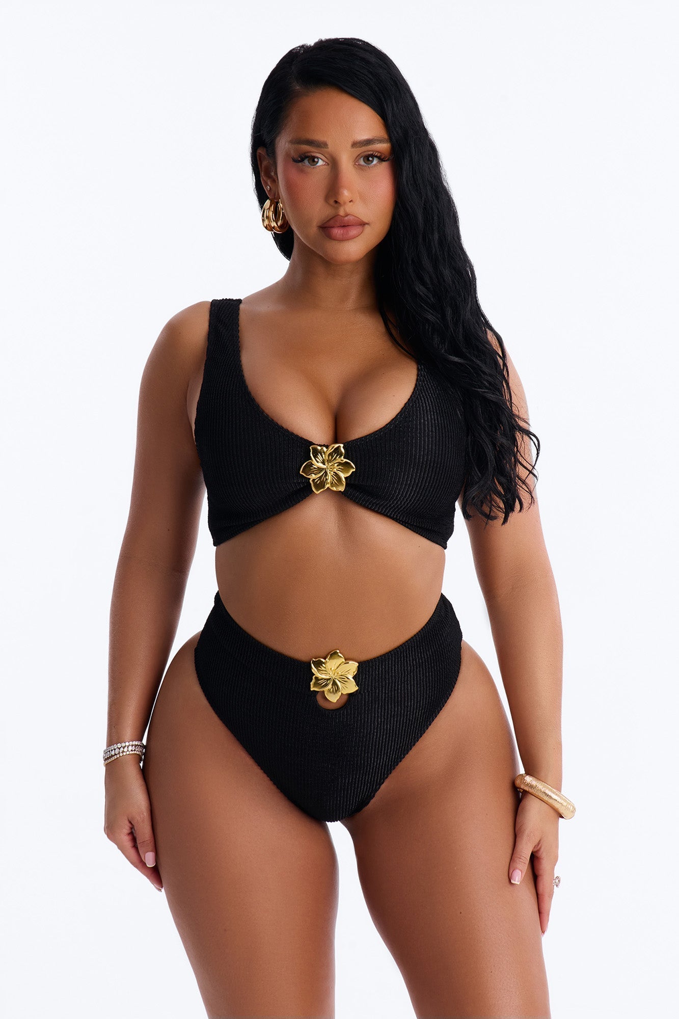Gaia Ribbed 2 Piece Bralette Bikini Set - Black NEWFASHIONEDGE