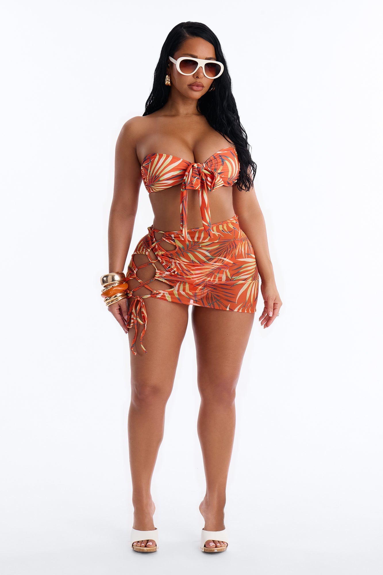 Kayla Tropical Lace Up Front Tie 3 Piece Bikini Skirt Set - Orange/combo NEWFASHIONEDGE