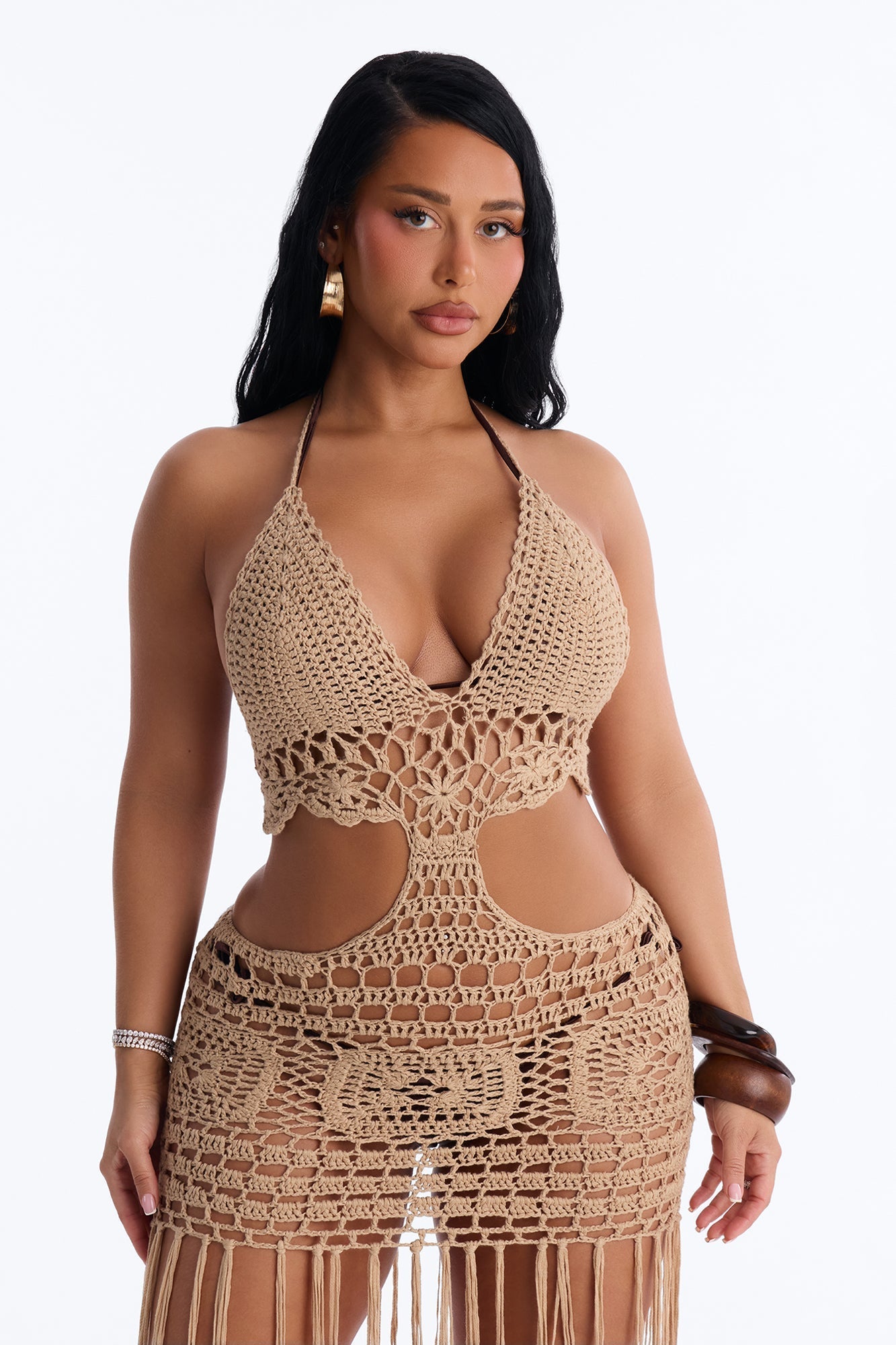 Denise Crochet Maxi Swim Cover Up Dress - Mocha NEWFASHIONEDGE