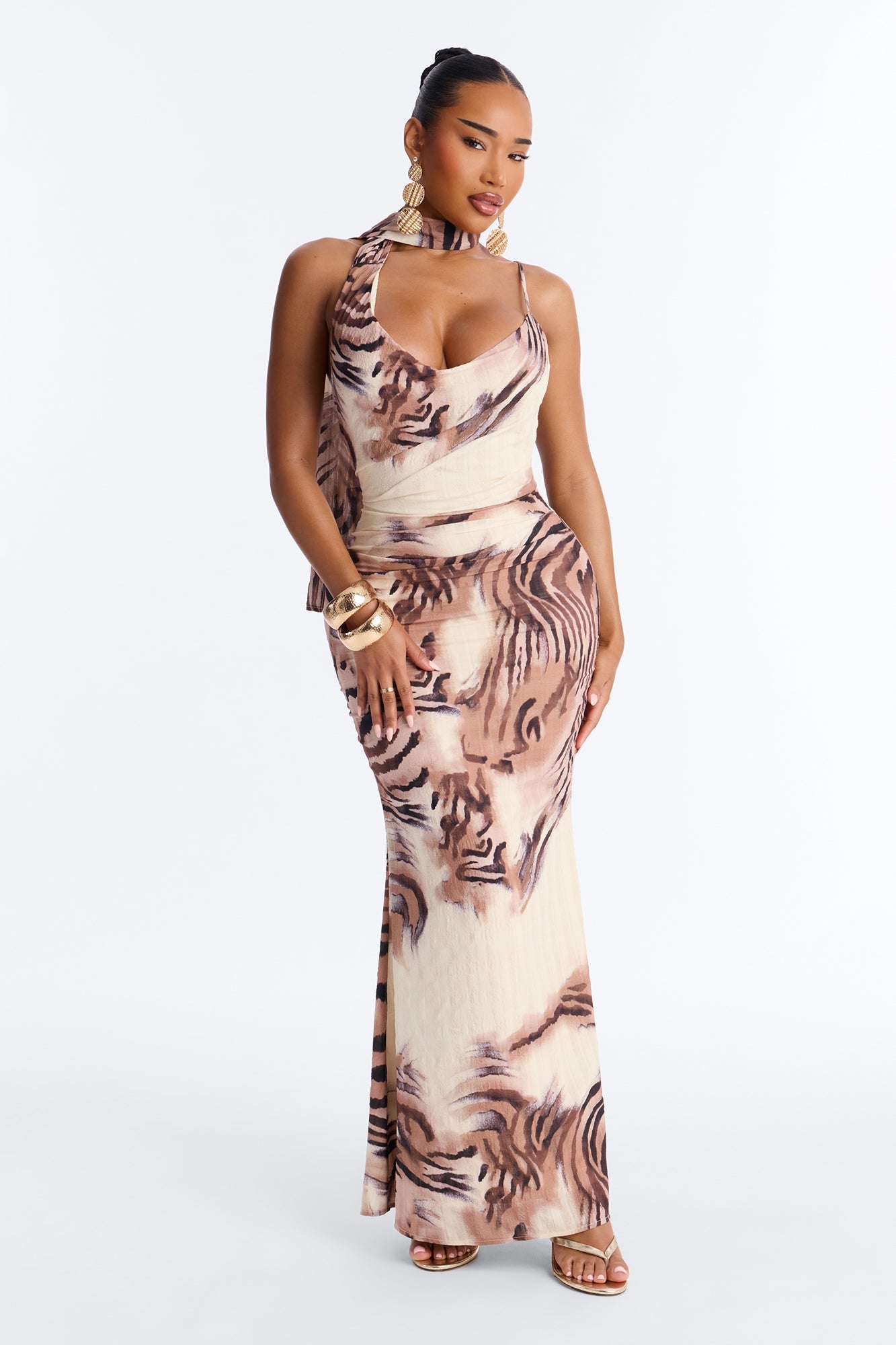Salina Scarf Printed Maxi Dress - Cream/combo NEWFASHIONEDGE